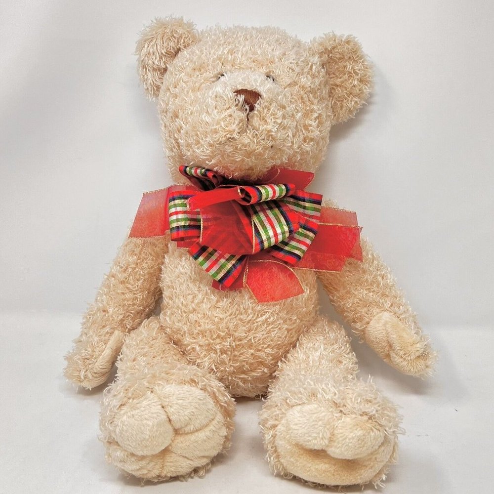 DanDee Collectors Choice Curly Haired Bear‎ with Plaid Bow Light Brown / Tan 16"